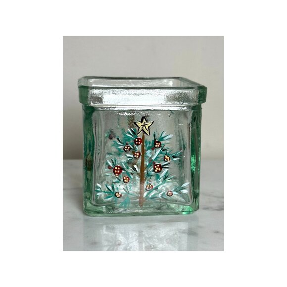 Hand-Painted Christmas Tree Glass Block Votive Holder Festive Holiday Home Decor - Picture 1 of 6